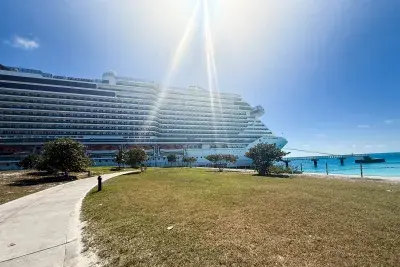 exterior shot of MSC Seashore cruise ship docked in Ocean Cay Bahamas