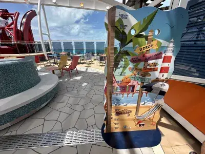 A sign on a cruise ship outer deck that lists height and age requirements for various attractions