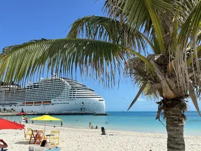A cruise ship docked near a beach with blue water, white sand with colorful umbrellas and a palm tree in the foreground