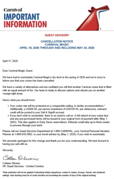 Carnival Cancellation Email