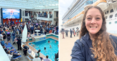 Jenna selfie side by side image of Carnival Firenze pool