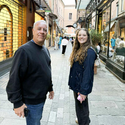 Jenna and her dad walking around Ravenna, Italy