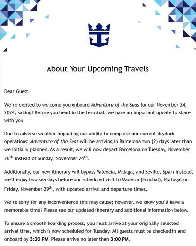 Adventure of the Seas delayed cruise email