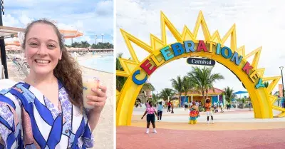side by side image of Jenna selfie and Celebration Key entrance sign