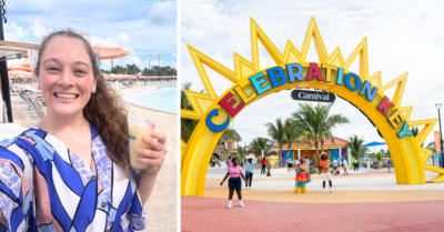 side by side image of Jenna selfie and Celebration Key entrance sign