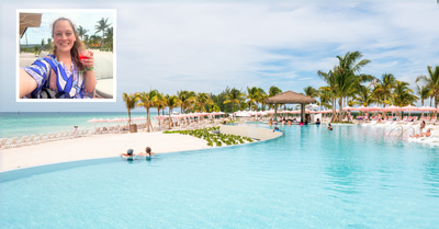 Photo of infinity pool with Jenna's selfie in a rectangle in the corner