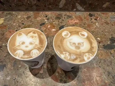 Two lattes side by side with foam art on top, one with a cat and one with a koala