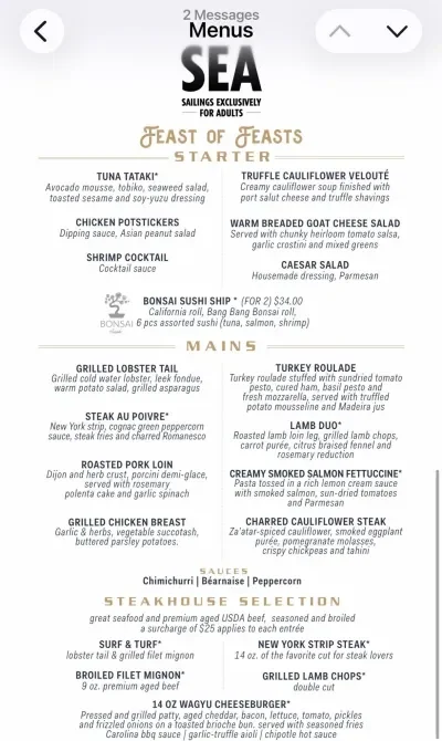 Carnival SEA Adult Only Menu