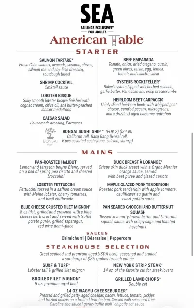 Carnival SEA Menu American Table