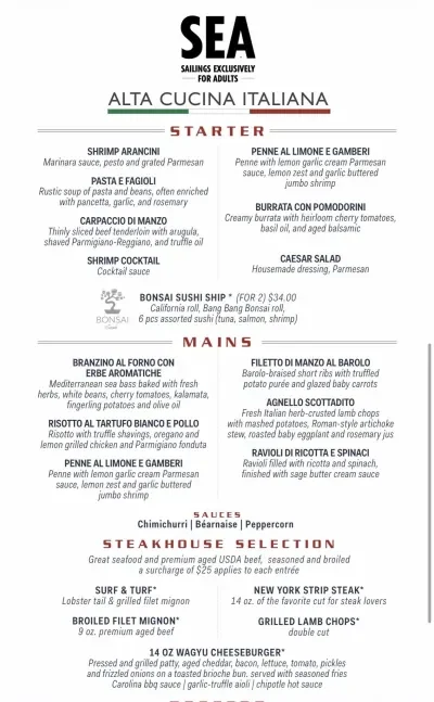 Carnival SEA Adult Only Menu