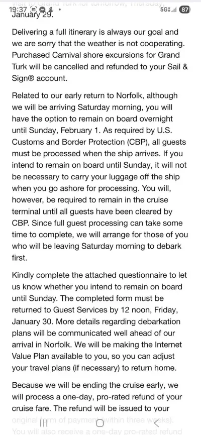 Carnival Sunshine Winter Storm Modification Letter