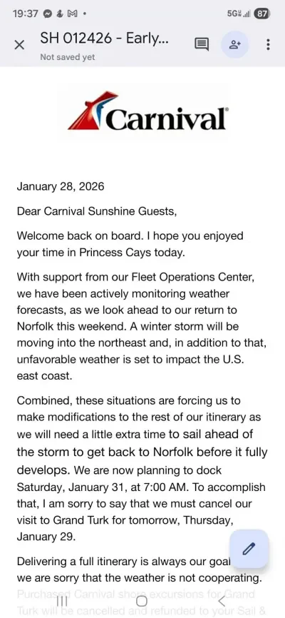 Carnival Sunshine Winter Storm Modification Letter