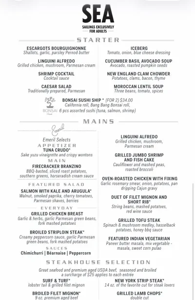SEA Carnival Adult Only Dining Menu