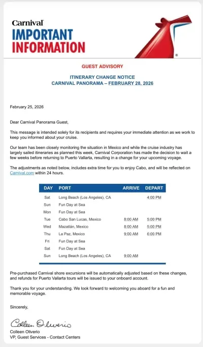 Carnival Panorama Itinerary Change, Mexico 2026