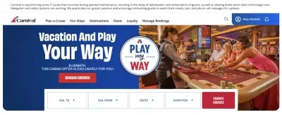 Carnival Cruise Line's website with the IT issue notice