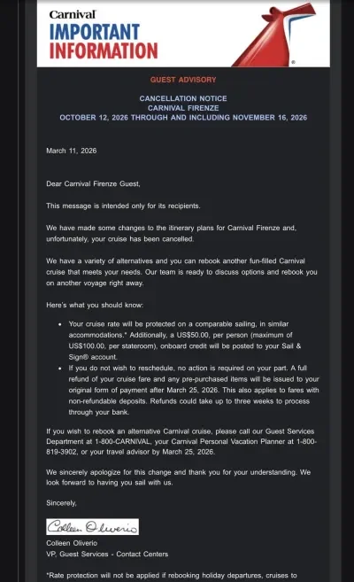 Carnival Firenze Cancelation Email