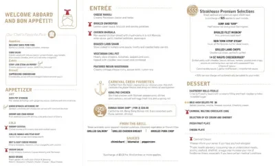 Carnival's new main dining room menu