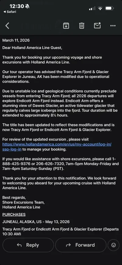HAL Alaska Excursion Cancelation Email
