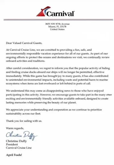 Carnival Cruise Line's April Fool's Joke, 2026
