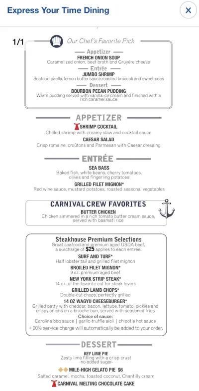 Carnival Express Dining Menu
