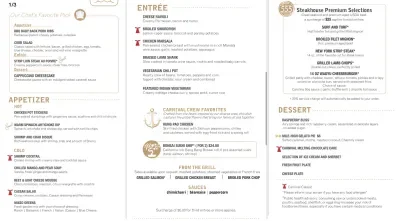 Carnival Dining Menu