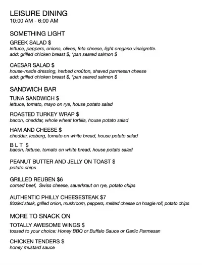 Carnival Room Service Menu