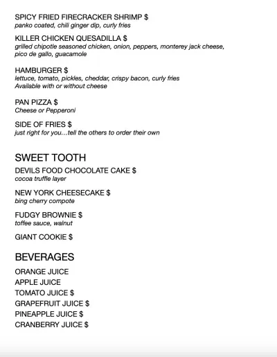 Carnival Room Service Menu