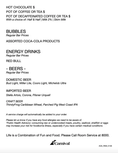 Carnival Room Service Menu