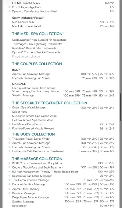 Carnival Spa Menu