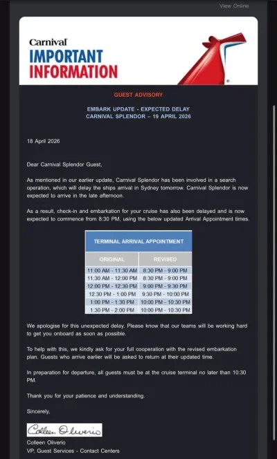 Carnival Splendor delayed
