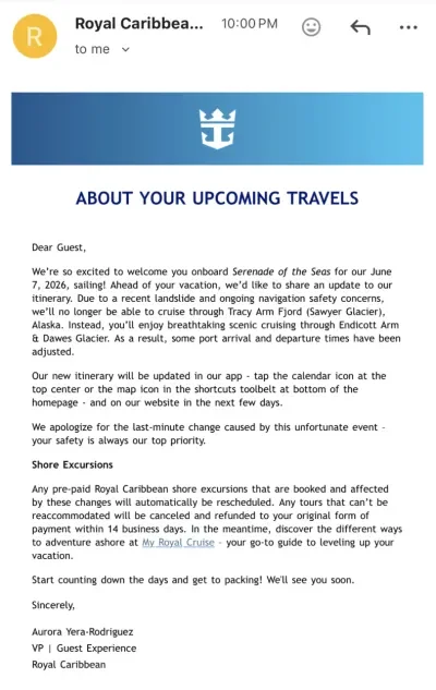Tracy Arm Fjord Cancellation Letter, Royal Caribbean