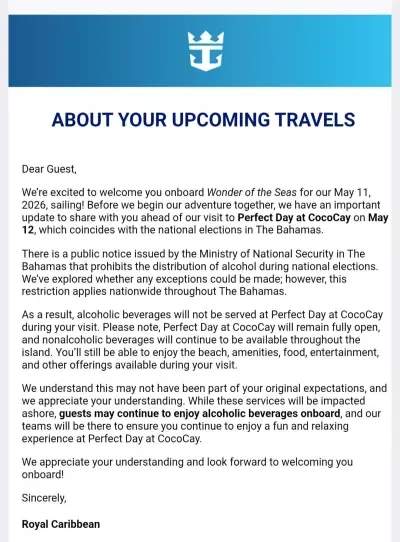 CocoCay's Alcohol Ban