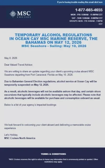 MSC Alcohol Ban Letter