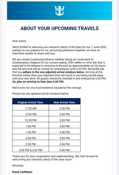 Liberty of the Seas, Delayed