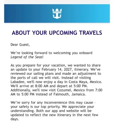 Legend Labadee Itinerary Change