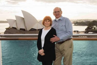 Princess Cruises’ most-travelled guest Ilene Weiner, and her companion Carl Cutting, enjoy her favorite destination – Australia – pictured in front of the iconic Sydney Opera House aboard Golden Princess.