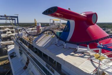 Workers have installed nearly 800 feet of suspended track for BOLT, the first rollercoaster at sea