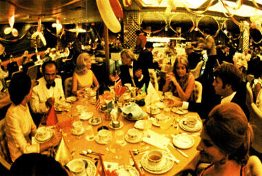 A cruise ship main dining room in the 1970s