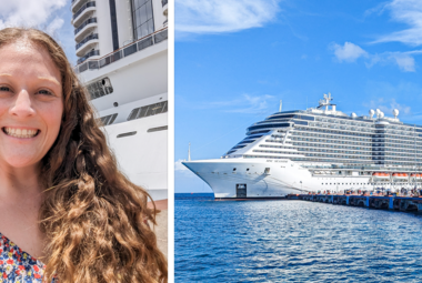 girl taking a selfie in front of a cruise ship