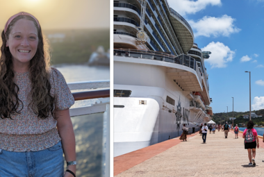dual image of girl and cruise ship