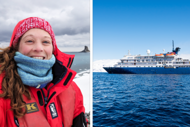 side by side image of a girl taking a selfie and an expedition cruise ship