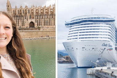 Jenna selfie next to image of Costa Toscana cruise ship