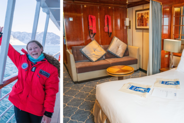 side by side image of Jenna on Sea Spirit with her cabin