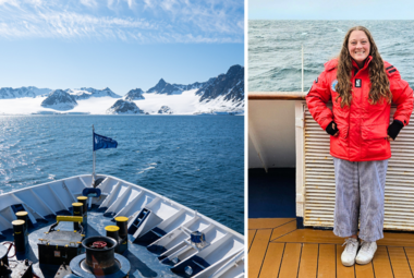 side by side image of Jenna with ship in the Arctic