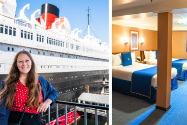 side by side image of queen mary ship and cabin