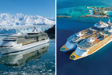 Side by side images of cruise ships in Alaska and the Caribbean