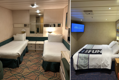 Photo showing a side-by-side comparison of an inside cabin on Vision of the Seas and Carnival Elation, two cruise ships that launched in 1998.