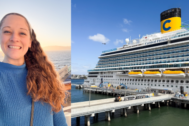 side by side image of Jenna selfie and Carnival Firenze exterior