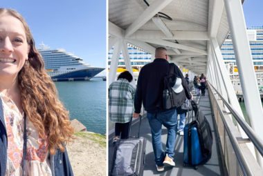 side by side image of Jenna selfie and Carnival Firenze boarding process