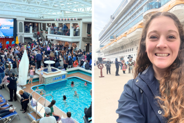 Jenna selfie side by side image of Carnival Firenze pool